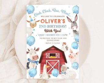 Farm Animals Birthday Invitation, Oink Cluck Baa Moo Invitation, 2nd Birthday Boy Theme, Farm Birthday Party Invite, Barnyard Birthday FA29