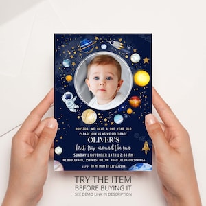 Editable Photo Space Birthday Invitation First Trip Around The Sun | Space Birthday Party Invitation | Galaxy First Birthday Invite SP400