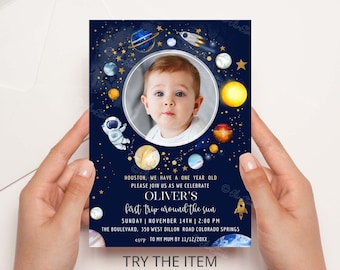 Editable Photo Space Birthday Invitation First Trip Around The Sun | Space Birthday Party Invitation | Galaxy First Birthday Invite SP400