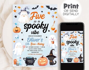 Halloween Birthday Party 5th Birthday Invitation Halloween Cute Ghost Boy Birthday Invitation, Boy Five Birthday Party Invite BOO4