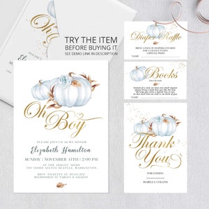 Oh Boy Pumpkin Baby Shower Set Editable | Pastel Blue Pumpkin Baby Shower Bundle | Little Pumpkin is on The Way Digital Printable P32