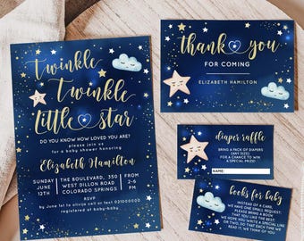 May include: A blue and gold baby shower invitation with a star and cloud design. The invitation says "Twinkle Twinkle Little Star" and includes the text "Do you know how loved you are? Please join us for a baby shower honoring Elizabeth Hamilton".
