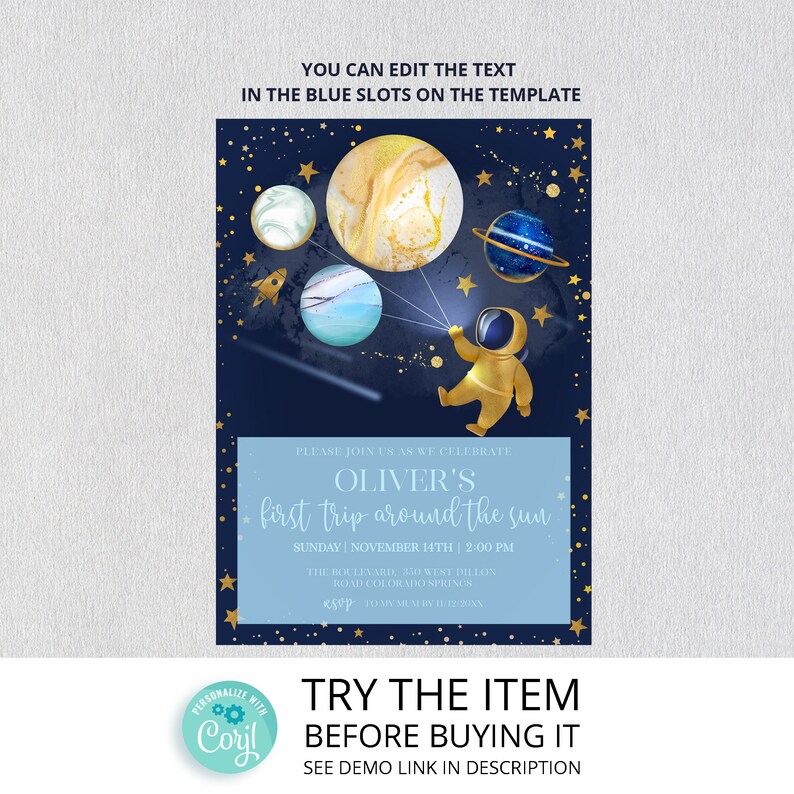 Editable Space Birthday Invitation First Trip Around The Sun Image 1