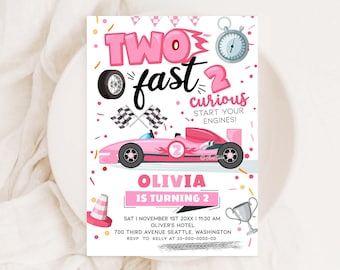 Two Fast Birthday Invitation Pink, Girl Two Fast Two Curious Birthday, Race Car Party 2nd Birthday Invitation Template Corjl CA65