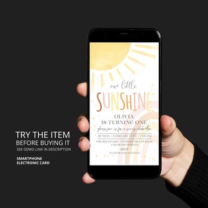 Our Little Sunshine Birthday Smartphone Invitation | First Trip Around The Sun Birthday Electronic Invite Rainbow Birthday Digital RB16