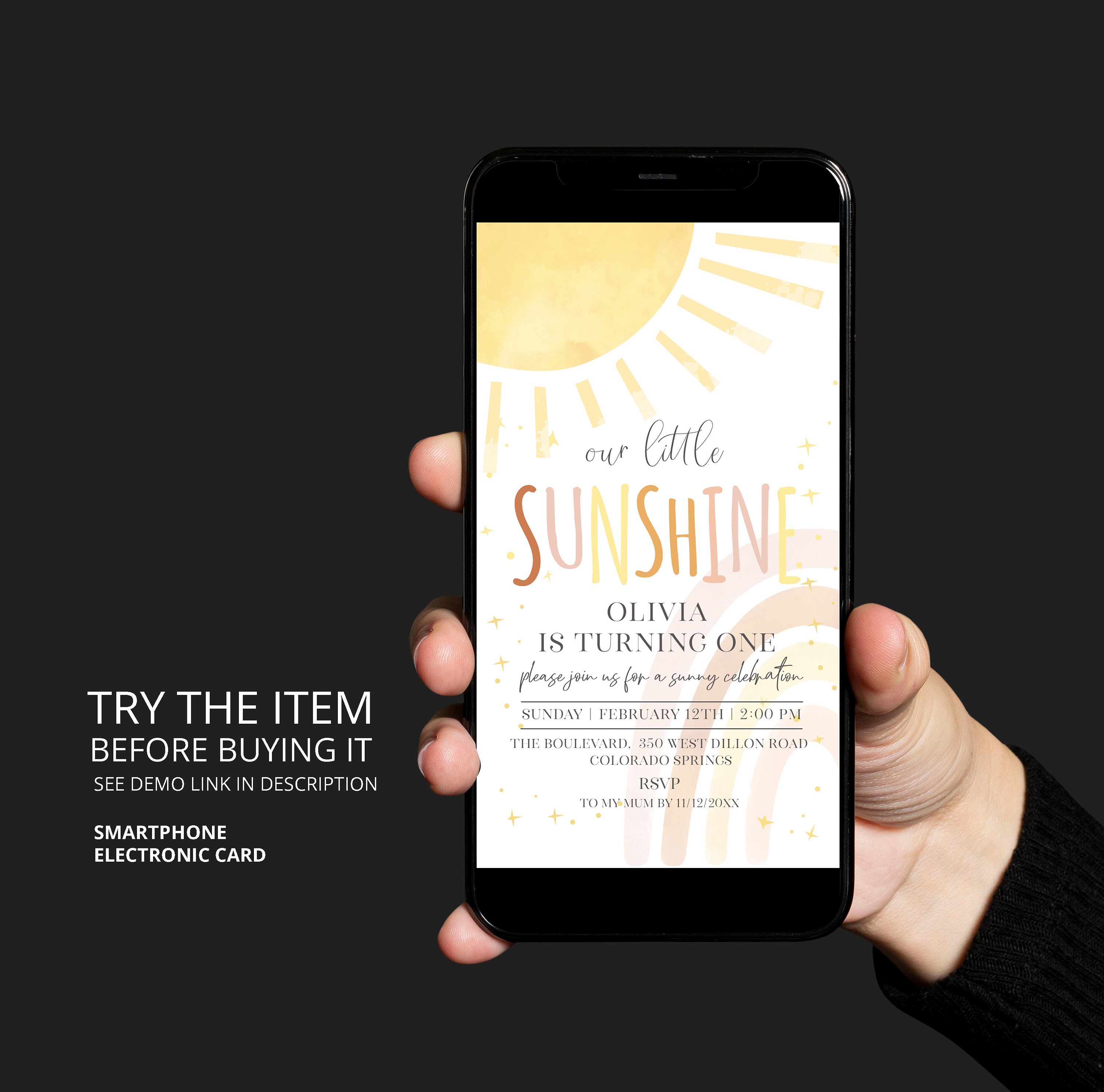 Our Little Sunshine Birthday Smartphone Invitation | First Trip Around The Sun Birthday Electronic Invite Rainbow Birthday Digital RB16