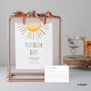 Schede di preghiera modificabili per baby shower Sunshine, schede di auguri per neonati, scheda di preghiere per baby shower A Little Ray of Sunshine per neonati S118