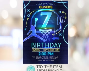 Neon Basketball Invitation Template 7th Birthday Sports Party Basketball Theme Invite Basketball Party BN7