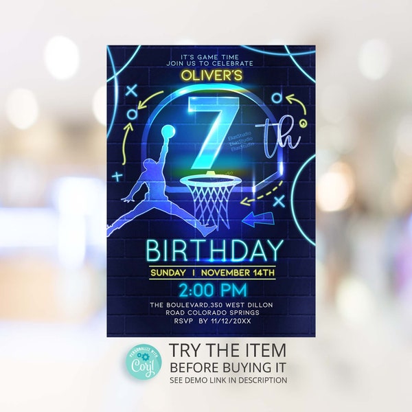 Neon Basketball Invitation Template 7th Birthday Sports Party Basketball Theme Invite Basketball Party BN7