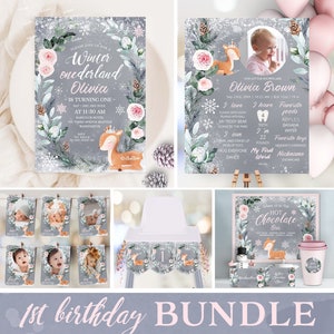 Winter Onederland Invitation Set First Birthday Bundle Grey Pink Winter Birthday Invitation Bundle Template Deer Birthday Invite Set W312