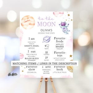 May include: A printable poster with a space theme for a child's second birthday. The poster features a watercolor illustration of planets, stars, and an astronaut. The poster includes the child's name, age, and some fun facts about the child. The text on the poster reads "To the Moon, Olivia's Second Year Stats".