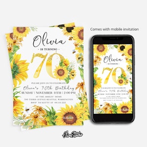Convite de aniversário de 70 anos, convite de aniversário de girassol, convite de aniversário de verão, convite de aniversário de 70 anos, cartão de aniversário de 70 anos para impressão SR101