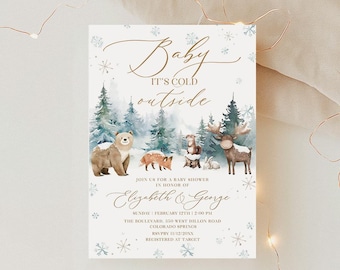 Op de afbeelding: Baby shower uitnodiging met een winterbosscène. De uitnodiging toont een beer, een vos en een eland. De tekst luidt "Baby, It's Cold Outside" en bevat evenementdetails voor Elizabeth & George.