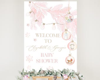 Baby Shower Welcome Sign, A Merry Little Winter Wonderland, Pink Christmas Baby Shower Decor, Editable Holiday Sign Template W497