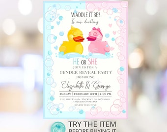 Faites-vous dandiner en faisant des idées d'invitation de sexe de canard, bleu rose, dandinez-vous en invitation numérique imprimable Corjl /201