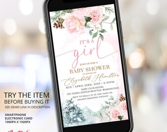 It's a Girl Baby Shower Invitation, Winter Wonderland Baby Shower Invitation Girl, Pink Baby Shower  W207