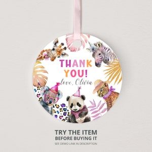 Party Animals Birthday, Favor Tags, Jungle Birthday Decor, Thank You Tags Editable Template, Safari Animals Birthday, Wild One Birthday PA89