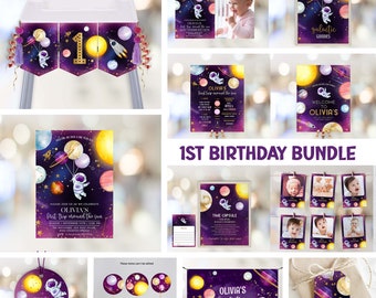 Outer Space 1st birthday Girl Invitation Bundle First Trip Around The Sun | Space Party Supplies | Galaxy Party Package Template SP203