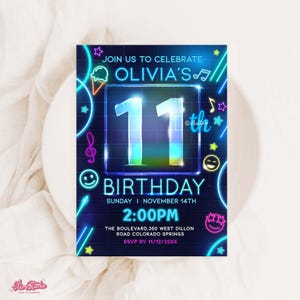 Neon Birthday Invitation Template, 11th Birthday Girl Invite, Girl 11th Birthday Invitation Neon Glow Party Invite N57