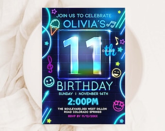 Può includere: Invito a una festa di compleanno al neon su sfondo blu e viola. L'invito dice "Unisciti a noi per festeggiare l'11° compleanno di Olivia" e include la data, l'ora e il luogo della festa.
