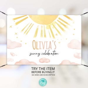 May include: A white banner with a yellow sun and pink clouds. The text "OLIVIA'S sunny celebration" is written in black. The text "TRY THE ITEM BEFORE BUYING IT SEE DEMO LINK IN DESCRIPTION" is written in black. A logo with the text "PERSONALIZE WITH Coryl" is in the bottom right corner.