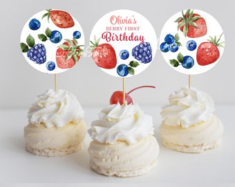 Premier anniversaire de petits fruits, décoration de cupcakes modifiables aux fraises, décoration d'anniversaire aux myrtilles, anniversaire fille Berry Party SB11