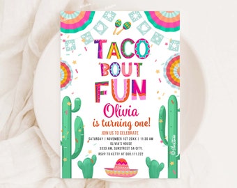May include: A colorful invitation for a "Taco Bout Fun" birthday party. The invitation features a cactus, a sombrero, and the text "Olivia is turning one!" with party details.