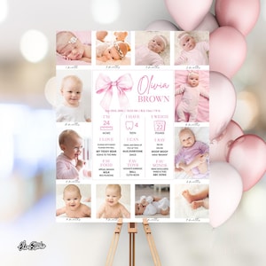 Pink Bow 1st Birthday, Coquette Bow Milestone Sign First Year, Bow First Birthday Girl Decoration, Milestone Board, SB54