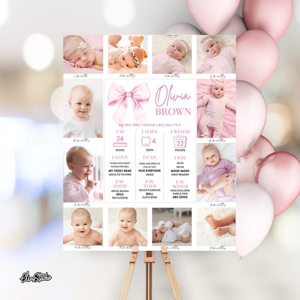 Pink Bow 1st Birthday, Coquette Bow Milestone Sign First Year, Bow First Birthday Girl Decoration, Milestone Board, SB54