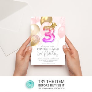 Editable Princess 3rd Birthday Girl Invitation Template | Little Princess 3rd Birthday Party Invitation, Pink Princess /970