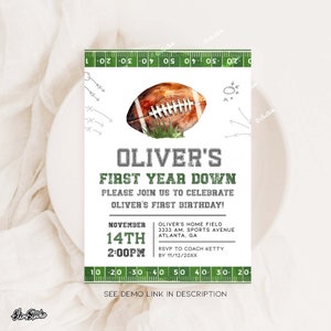 Editable 1st Birthday Football Invitation, First Year Down, Football Birthday Invite, Birthday Invite Template, Boy Birthday Invite AM18