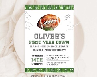 Editable 1st Birthday Football Invitation, First Year Down, Football Birthday Invite, Birthday Invite Template, Boy Birthday Invite AM18