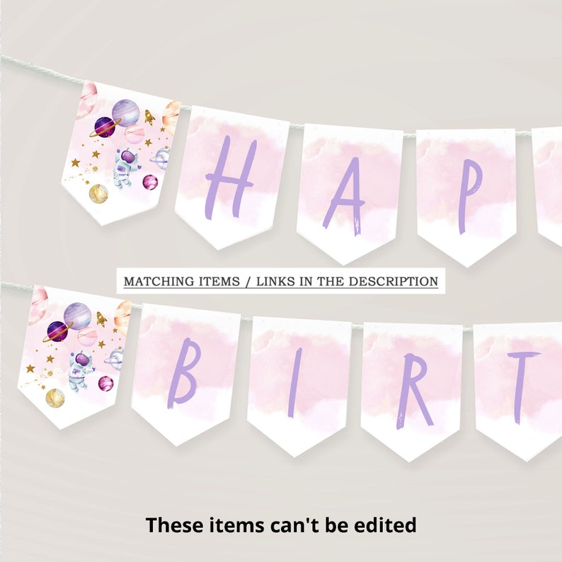May include: A pink and white banner with the words "Happy Birthday" in purple letters. The banner has a watercolor background and features a space theme with planets, stars, and an astronaut.