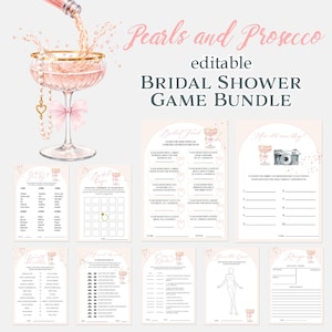 Könnte beinhalten: Ein digitales Brautparty-Spielpaket mit einer Champagnerglas-Illustration. Der Text "Pearls and Prosecco" und "Bridal Shower Game Bundle" sind in Rosa und Grau dargestellt. Das Paket enthält verschiedene Spielkarten mit Lückentexten.