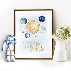 Karten und Geschenke Schild Vorlage | Space Party Geschenk Tischschild | Weltraum Geburtstagsschild | Blau Gold Galaxy Geburtstag Party Dekoration SP209
