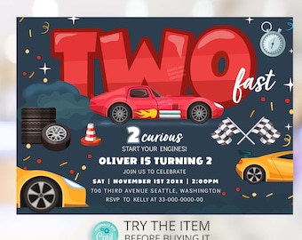 2 fast 2 curious Invitation Race Car Birthday Invitation Race Cars Party 2nd Birthday Invitation Template Corjl CA33