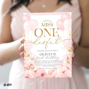 Little Miss ONEderful Geburtstagseinladung, Erster Geburtstag Mädchen-Einladung, 1. Geburtstag einladen Mädchen, Rosa Einladung Vorlage, Blume einladen LM1