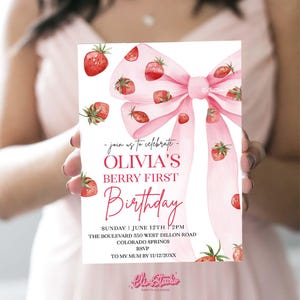 Modèle d'Invitation d'anniversaire aux fraises, invitation premier anniversaire baies rose, baies 1er anniversaire, noeud premier anniversaire invite numérique SB21