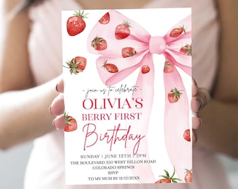 Strawberry Birthday Invitation Template, Berry First Birthday Invitation Pink, Berry 1st Birthday, Bow First Birthday Invites Digital SB21