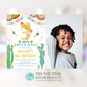 Editable Fiesta Birthday Photo Invitation, 3rd Birthday Boy Fiesta Invitation, Let&#39;s Fiesta Birthday Cactus Invitation Template Digital F175