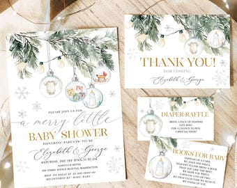 Op de afbeelding: Een setje baby shower briefpapier met een winterthema. De uitnodiging, bedankkaart, luierloterijkaart en boekenverzoekkaart bevatten aquarel illustraties van ornamenten, babykleding en sneeuwvlokken. De tekst is in goud.