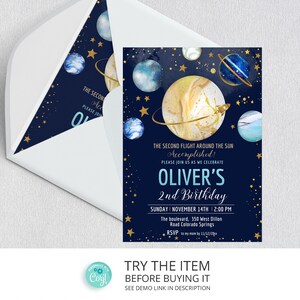 Editable Space Birthday The Second Flight Around the Sun Invitation | 2nd Birthday Space Party Invitation | Galaxy Second Birthday SP211