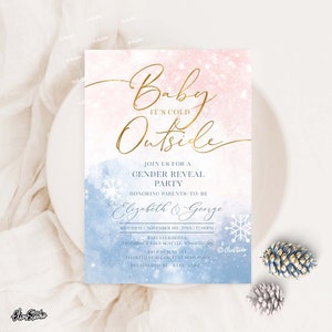Invitación para revelar el género del bebé, color azul y rosa, para baby shower, fiesta de revelación de género de invierno, baby shower de invierno W301