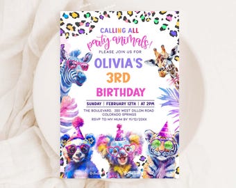 Calling all Party Animals Birthday Invitation Wild Animals Jungle Birthday Zoo Safari Animals Girl Birthday Pink Invite Template Corjl PA136
