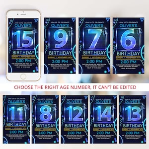 May include: A set of ten digital birthday invitations featuring a blue and neon-colored design with a large number in the center. The invitations are for a boy's birthday and include the text "Oliver's Birthday" and the date and time of the party.