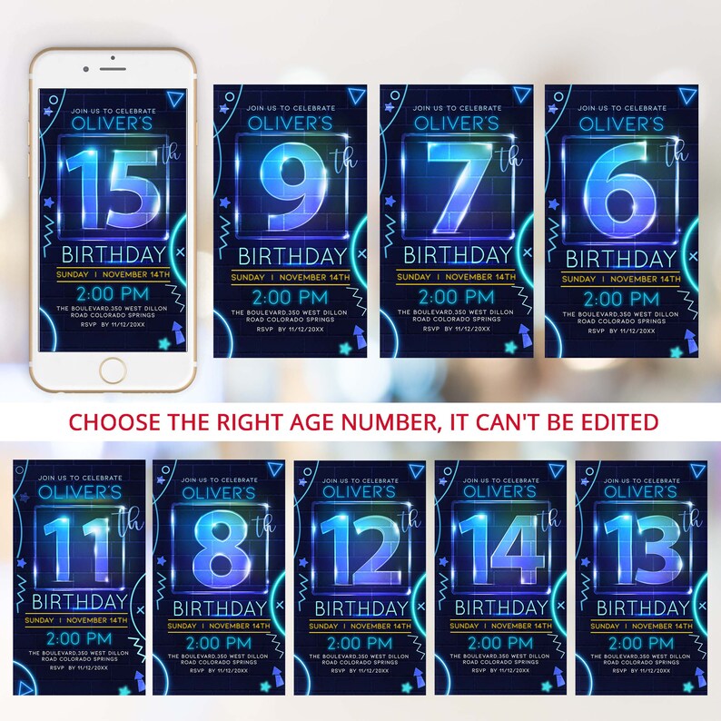 May include: A set of ten digital birthday invitations featuring a blue and neon-colored design with a large number in the center. The invitations are for a boy's birthday and include the text "Oliver's Birthday" and the date and time of the party.