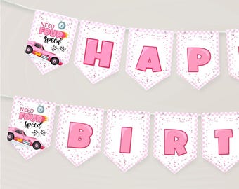 Banner de cumpleaños de coche de carreras rosa: decoraciones para fiesta de niña (imprimibles)