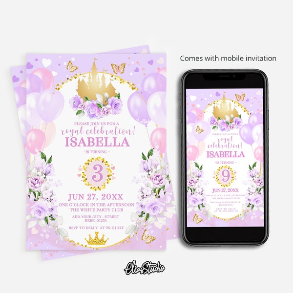 Modello di invito di compleanno della principessa modificabile Invito alla festa di compleanno della principessa Invito stampabile al castello della piccola principessa Principessa viola PR59