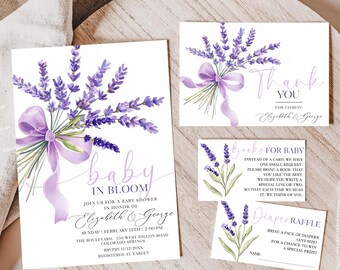 Baby in Bloom Shower Invitations Set, Lavender Baby Shower Invitations, Floral Invitation Template Purple Baby Shower, Bow Baby Shower BB121