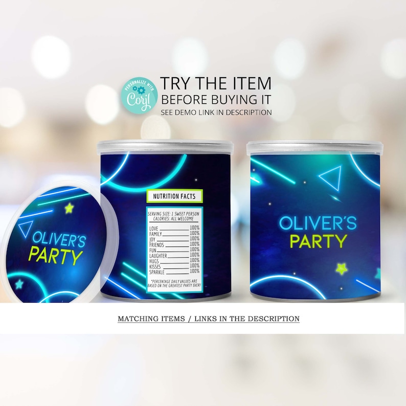 May include: Two blue and black party favor containers with neon green and blue accents. The containers have a space theme with stars and a triangle. One container has the text "Oliver's Party" and the other has a nutrition facts label with the text "Oliver's Party".